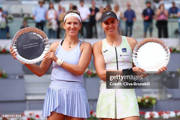 Victoria Azarenka and Beatriz Haddad Maia of Brazil pose while holding their trophy's after winning the Woman's Doubles Final match defeating Coco...