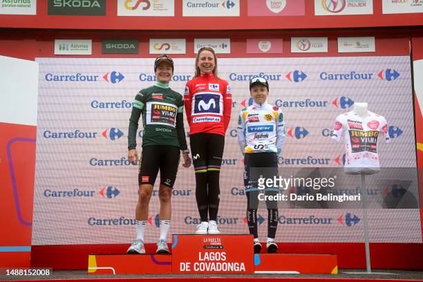 Green points jersey, Marianne Vos of The Netherlands and Team Jumbo-Visma, race winner Annemiek Van Vleuten of The Netherlands and Movistar Team Red...