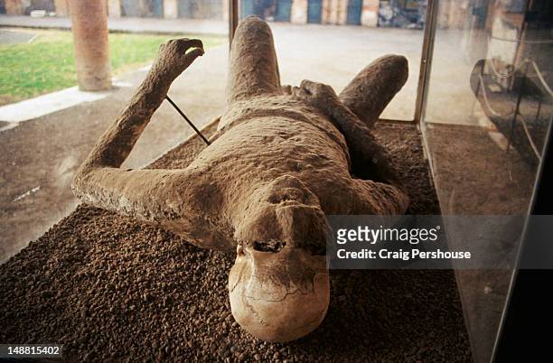 plaster cast of person killed in 79ad eruption of mt vesuvius. - pompei stock pictures, royalty-free photos & images