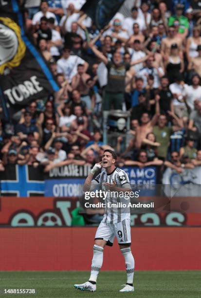 Dusan Vlahovic of Juventus reacts after receiving racial slurs during the Serie A match between Atalanta BC and Juventus at Gewiss Stadium on May 07,...