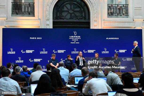 Jesper Pedersen, Tanni Grey-Thompson, Craig Spence, Declan Farmer and Cameron Leslie answer journalists during the Paralympic gold press conference...