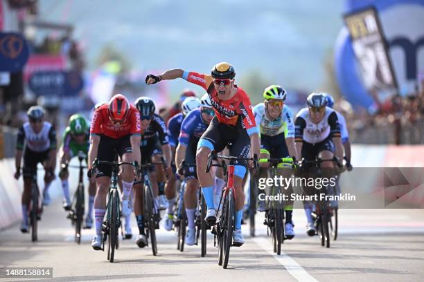 Jonathan Milan of Italy and Team Bahrain - Victorious celebrates at finish line as stage winner during the 106th Giro d'Italia 2023, Stage 2 a 202km...