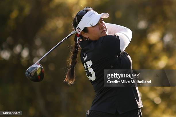 Lilia Vu of Team United States plays her shot from the third tee during day four of the Hanwha LIFEPLUS International Crown at TPC Harding Park on...