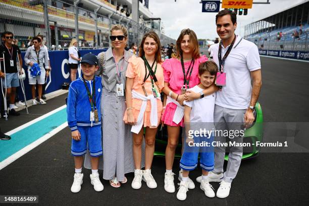 Roger Federer poses for a photo with his family prior to the F1 Grand Prix of Miami at Miami International Autodrome on May 07, 2023 in Miami,...