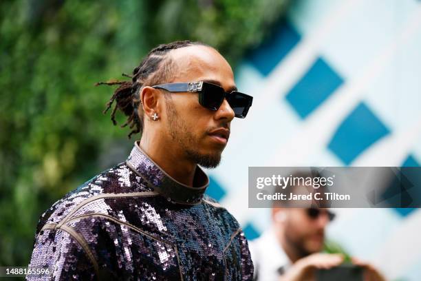 Lewis Hamilton of Great Britain and Mercedes walks in the Paddock prior to the F1 Grand Prix of Miami at Miami International Autodrome on May 07,...