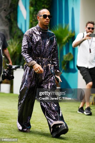 Lewis Hamilton of Great Britain and Mercedes walks in the Paddock prior to the F1 Grand Prix of Miami at Miami International Autodrome on May 07,...