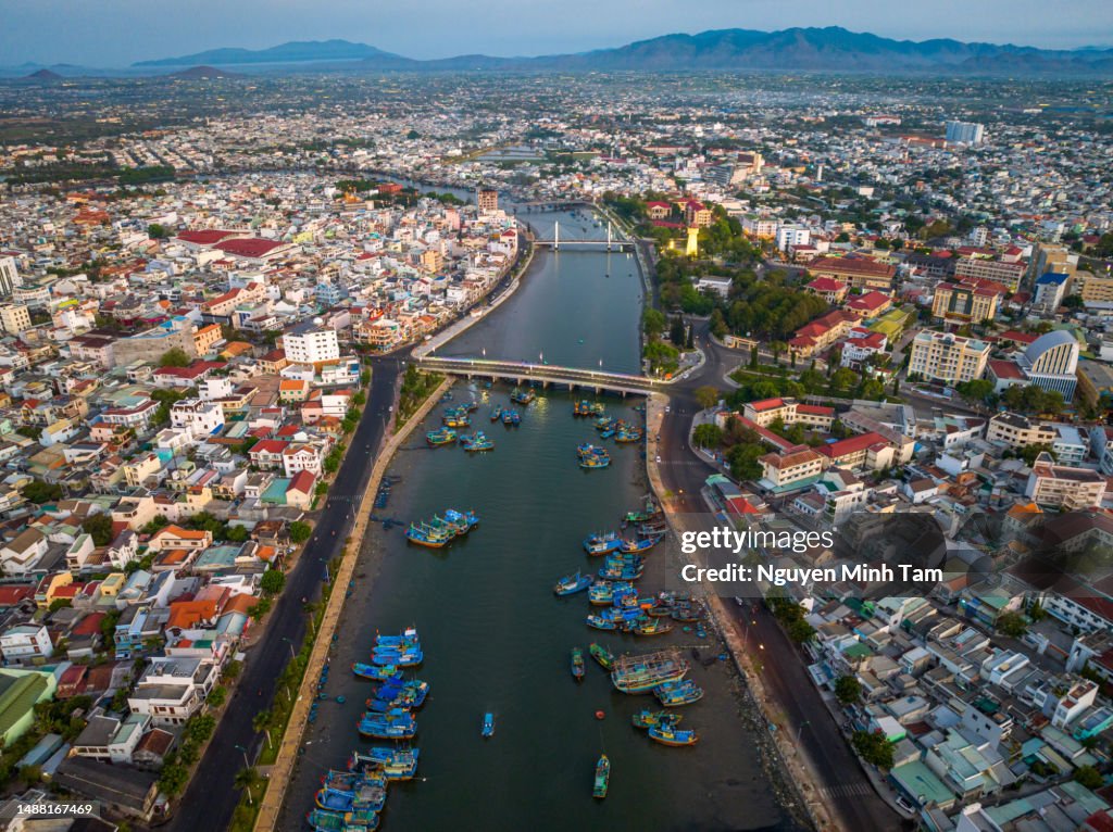 A part of Phan Thiet city and Ca Ty river seen from above, Binh Thuan province