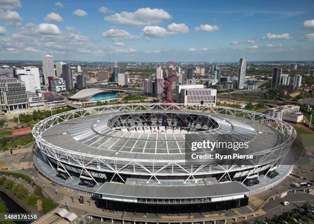An aerial view of London Stadium prior to the Premier League match between West Ham United and Manchester United at London Stadium on May 07, 2023 in...
