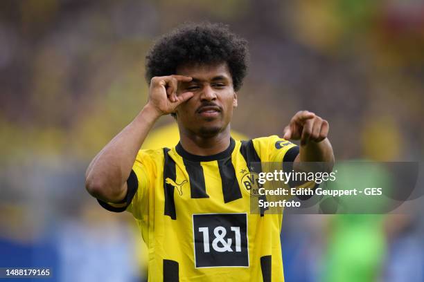 Karim Adeyemi of Borussia Dortmund celebrates after scoring his team's fifth goal during the Bundesliga match between Borussia Dortmund and VfL...
