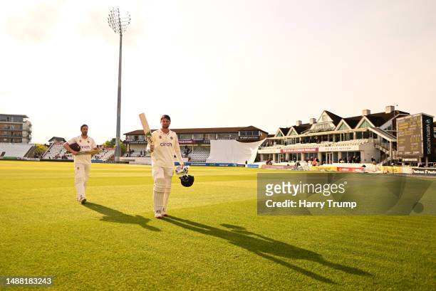 Sam Whiteman of Northamptonshire makes their way off after finishing unbeaten on 130 following Day Four of the LV= Insurance County Championship...