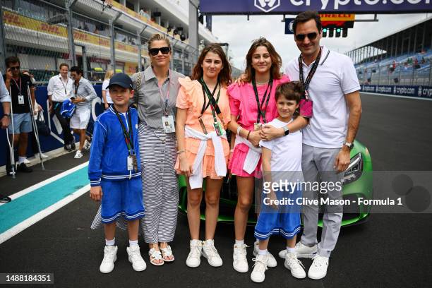 Roger Federer poses for a photo with his family prior to the F1 Grand Prix of Miami at Miami International Autodrome on May 07, 2023 in Miami,...
