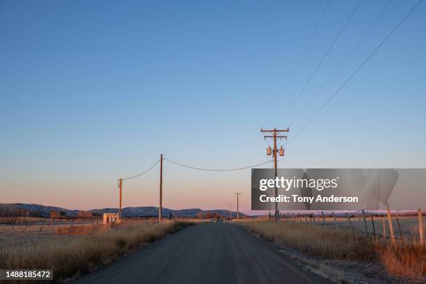 country road and power lines at sunrise - power cable stock pictures, royalty-free photos & images