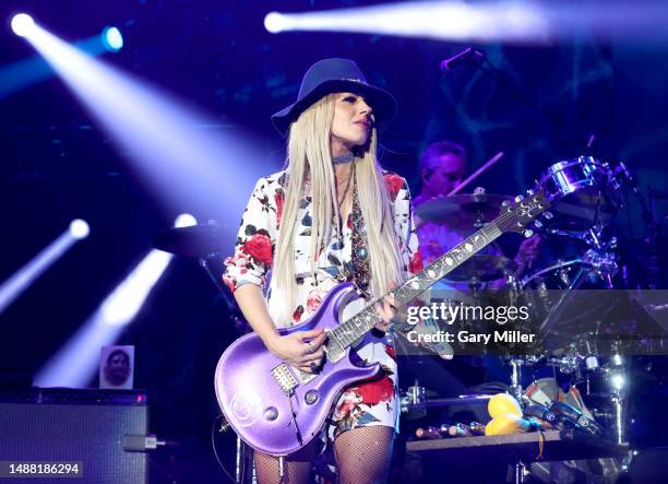 Orianthi performs in concert with Carlos Santana at Dos Equis Pavilion on May 06, 2023 in Dallas, Texas.