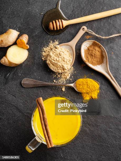 golden milk, turmeric latte, golden latte, indian golden milk, golden milk with fresh ginger and turmeric, golden turmeric milk - ayurveda stock pictures, royalty-free photos & images