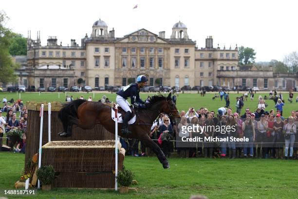 Arthur Duffort of France riding Toronto D'Aurois clears the 19th fence in front of Badminton House during the Cross Country day of the Badminton...
