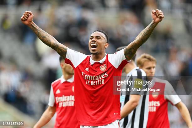 Gabriel of Arsenal celebrates victory following the Premier League match between Newcastle United and Arsenal FC at St. James Park on May 07, 2023 in...