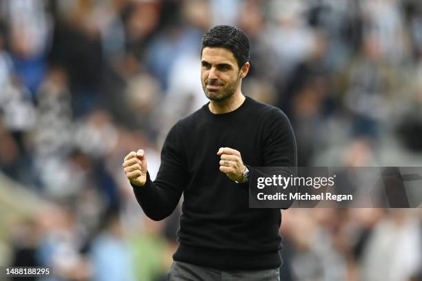 Mikel Arteta, Manager of Arsenal, celebrates victory following the Premier League match between Newcastle United and Arsenal FC at St. James Park on...