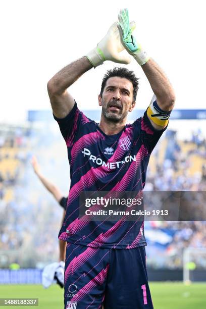 Gianluigi Buffon celebrates with fans after the Serie B match between Parma Calcio and Brescia at Stadio Ennio Tardini on May 07, 2023 in Parma,...