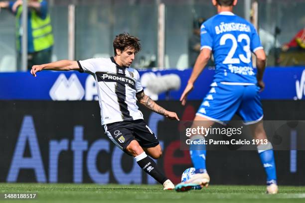 Adrian bernabè kicks the ball during the Serie B match between Parma Calcio and Brescia at Stadio Ennio Tardini on May 07, 2023 in Parma, Italy.