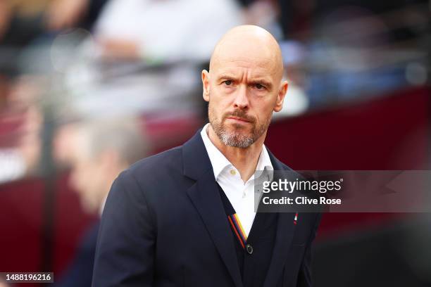 Erik ten Hag, Manager of Manchester United, looks on prior to the Premier League match between West Ham United and Manchester United at London...