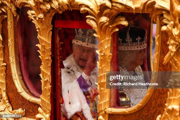 King Charles III and Queen Camilla travelling in the Gold State Coach built in 1760 and used at every Coronation since that of William IV in 1831 go...