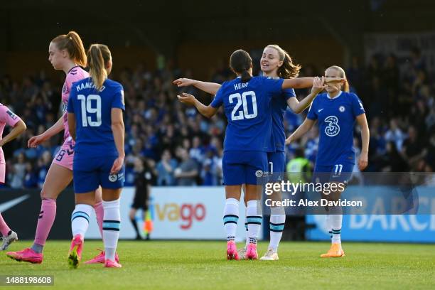 Sam Kerr of Chelsea celebrates with teammates after scoring the team's second goal during the FA Women's Super League match between Chelsea and...