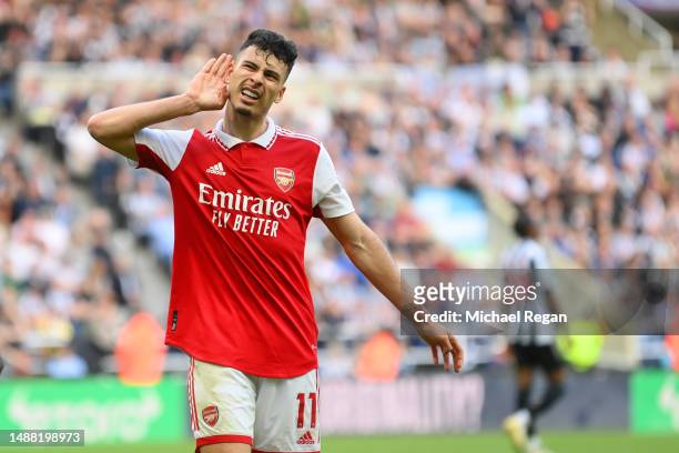 Gabriel Martinelli of Arsenal celebrates after the 2nd goal during the Premier League match between Newcastle United and Arsenal FC at St. James Park...