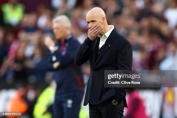 Erik ten Hag, Manager of Manchester United, reacts during the Premier League match between West Ham United and Manchester United at London Stadium on...