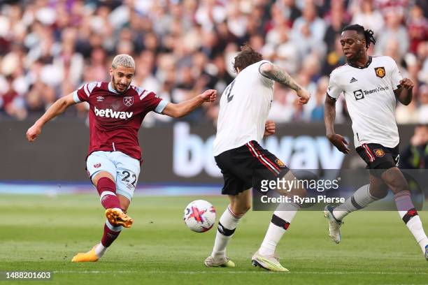 Said Benrahma of West Ham United scores the team's first goal during the Premier League match between West Ham United and Manchester United at London...