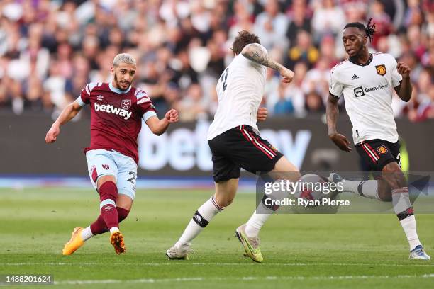 Said Benrahma of West Ham United scores the team's first goal during the Premier League match between West Ham United and Manchester United at London...