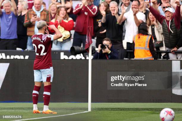 Said Benrahma of West Ham United celebrates after scoring the team's first goal during the Premier League match between West Ham United and...