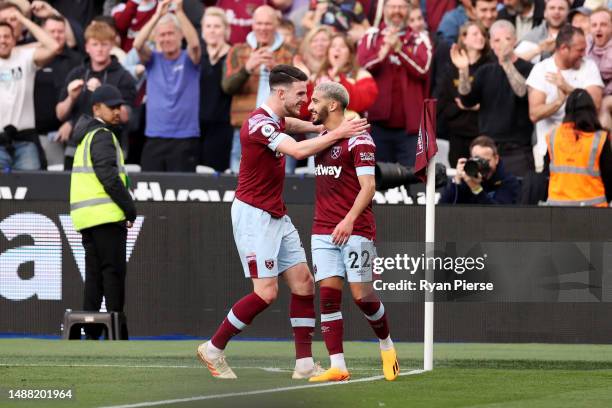 Said Benrahma of West Ham United celebrates with Declan Rice after scoring the team's first goal during the Premier League match between West Ham...