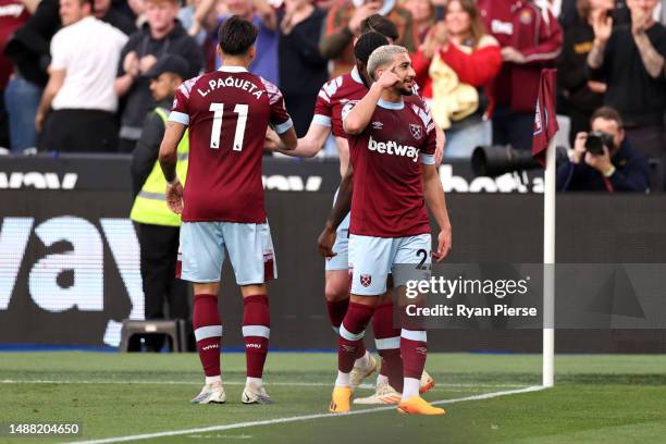 Said Benrahma of West Ham United celebrates after scoring the team's first goal during the Premier League match between West Ham United and...
