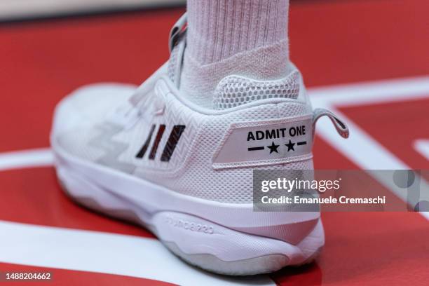 Detail view of the Nike basketball shoes worn by Nicolo Melli, #9 of EA7 Emporio Armani Olimpia Milano, during the LBA Lega Basket Serie A Round 30...