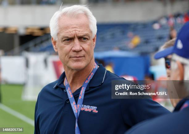 President Daryl Johnston is seen on the field prior to the game between the New Orleans Breakers and the New Jersey Generals at Tom Benson Hall Of...