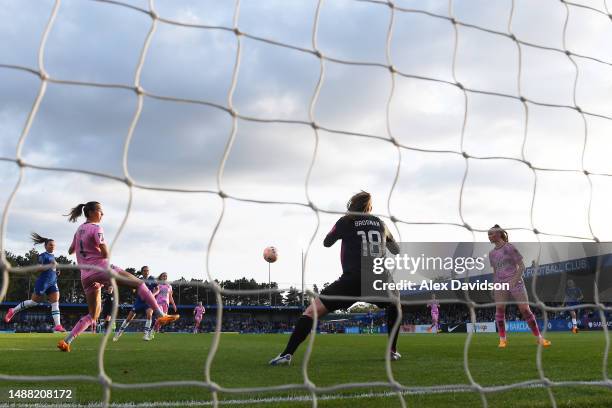 Jessie Fleming of Chelsea scores the team's fifth goal past Courtney Brosnan of Everton during the FA Women's Super League match between Chelsea and...