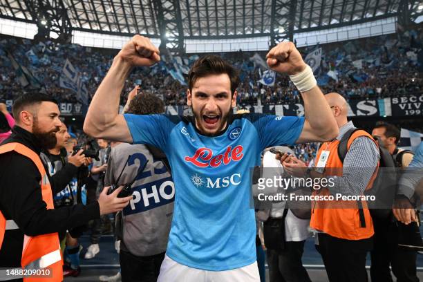 Khvicha Kvaratskhelia of SSC Napoli celebrates victory after the Serie A match between SSC Napoli and ACF Fiorentina at Stadio Diego Armando Maradona...