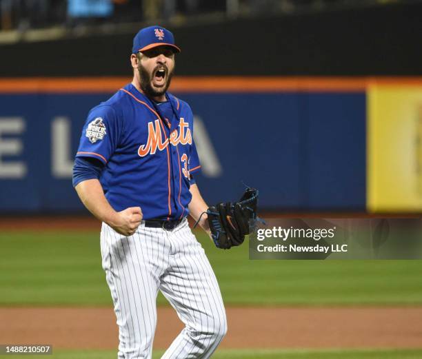 New York Mets starting pitcher Matt Harvey reacts to striking out the side in the fourth inning during Game 5 of the World Series against the Kansas...