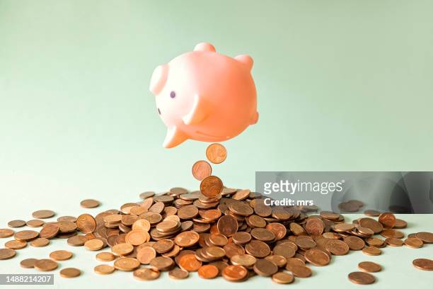 piggy bank and pile of coins - accesorio financiero fotografías e imágenes de stock