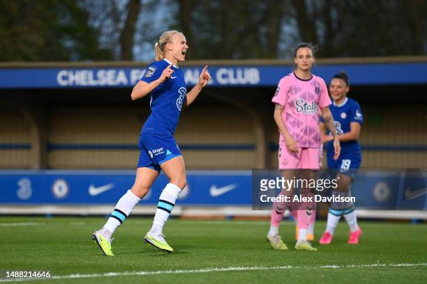 Pernille Harder of Chelsea celebrates after scoring the team's sixth goal during the FA Women's Super League match between Chelsea and Everton FC at...