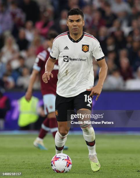 Casemiro of Manchester United in action during the Premier League match between West Ham United and Manchester United at London Stadium on May 07,...