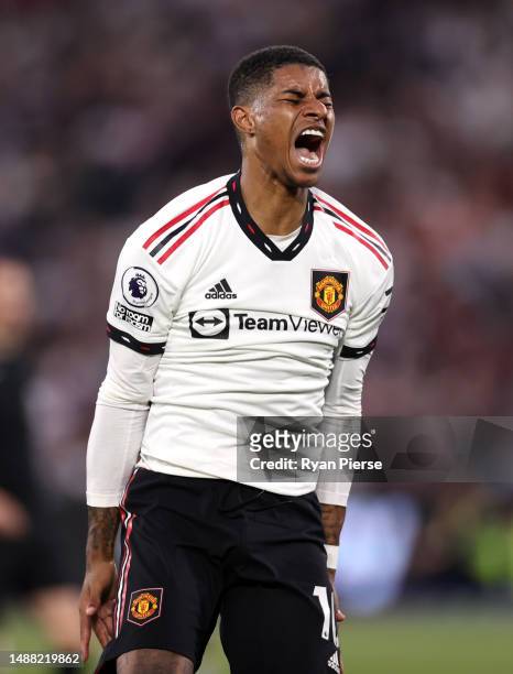 Marcus Rashford of Manchester United reacts during the Premier League match between West Ham United and Manchester United at London Stadium on May...