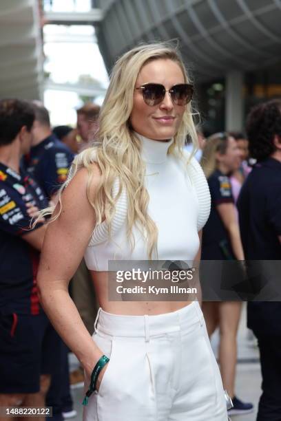 Alpine ski racer Lindsey Vonn in the paddock attends the F1 Grand Prix of Miami at Miami International Autodrome on May 7, 2023 in Miami, Florida.