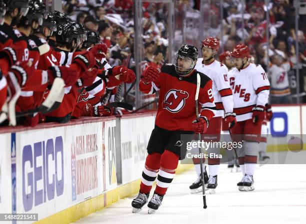 Timo Meier of the New Jersey Devils celebrates his goal during the first period in Game Three of the Second Round of the 2023 Stanley Cup Playoffs...