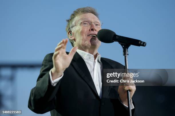 Steve Winwood speaks on stage during the Coronation Concert on May 07, 2023 in Windsor, England. The Windsor Castle Concert is part of the...