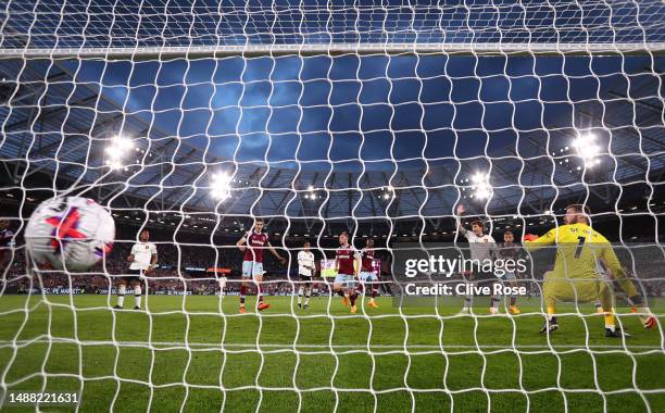 Tomas Soucek of West Ham United scores a goal past David De Gea of Manchester United which is later disallowed during the Premier League match...