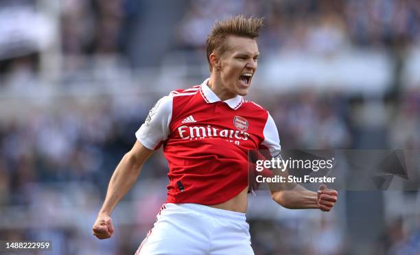 Arsenal player Martin Odegaard celebrates after scoring the first Arsenal goal during the Premier League match between Newcastle United and Arsenal...