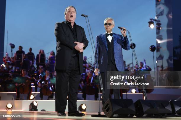Bryn Terfal and Andrea Bocelli perform on stage during the Coronation Concert on May 07, 2023 in Windsor, England. The Windsor Castle Concert is part...