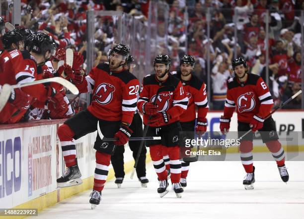 Michael McLeod of the New Jersey Devils celebrates his goal during the first period in Game Three of the Second Round of the 2023 Stanley Cup...