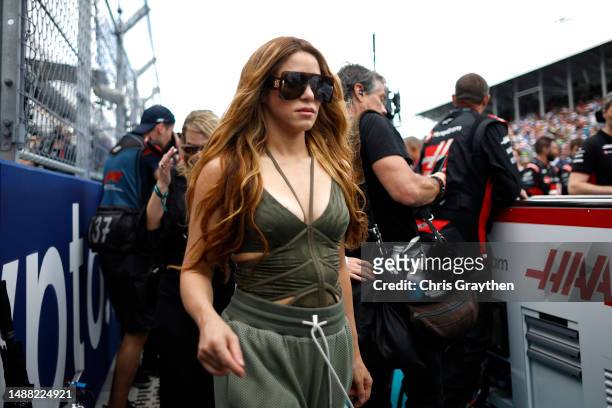 Shakira walks on the grid prior to the F1 Grand Prix of Miami at Miami International Autodrome on May 07, 2023 in Miami, Florida.